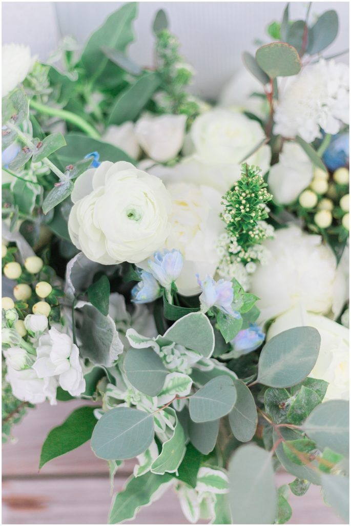 White and light blue bridal bouquet | Designs by Dillon | Ashlynn Miller Photography