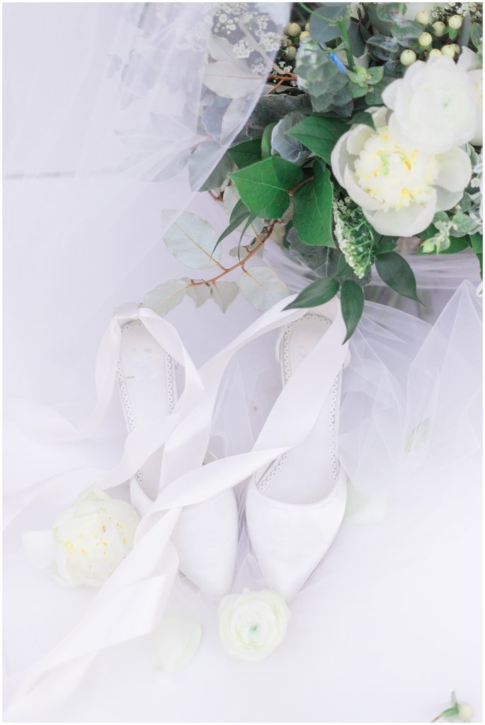 White lace ribbon wedding shoes | Ashlynn Miller Photography